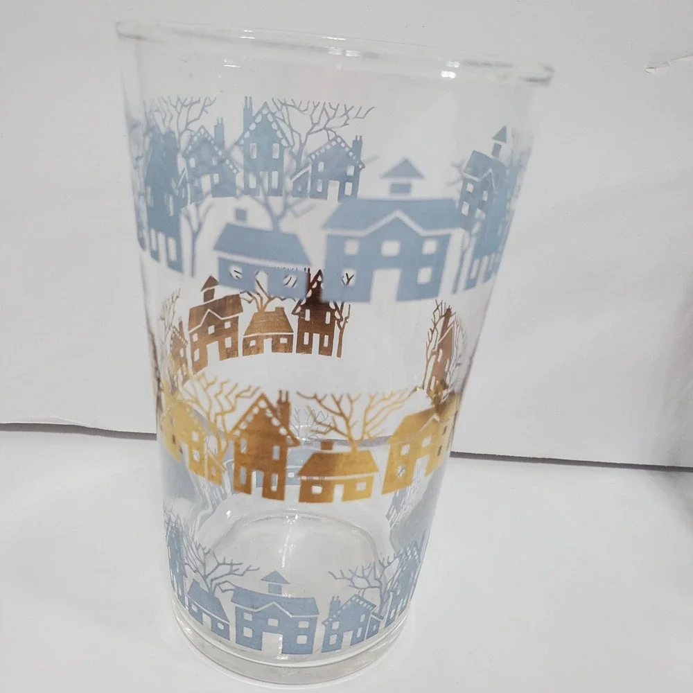 VTG Federal Glass Drinking Glasses Set of 6 Blue Gold Winter Village Scene MCM